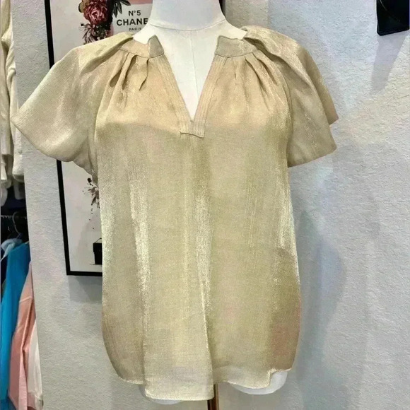 LUMINARY Gold Sparkle Pleated Top With Flutter Sleeves Size XS - Picture 4 of 10